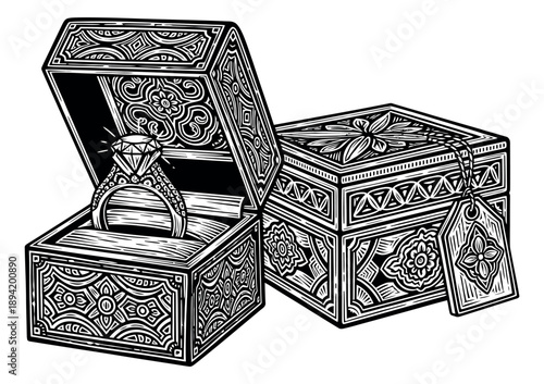 Ornate line art gift boxes set featuring a diamond engagement ring and a decorative gift tag for special occasions