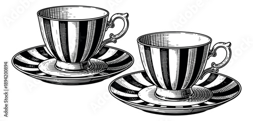 Vintage line art teacup set featuring striped cups and saucers for beverage and cafe designs