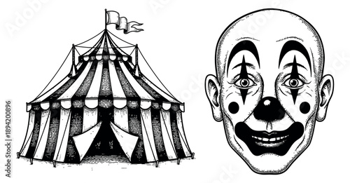 Hand drawn line art circus set featuring a striped big top tent and a creepy clown head for carnival entertainment
