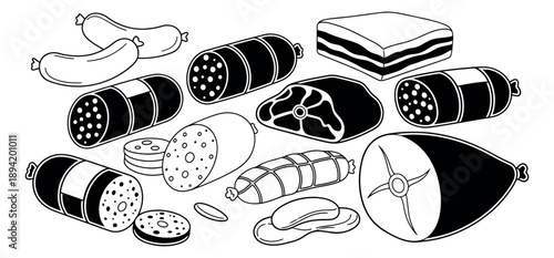 Hand drawn line art meat products set featuring sausages, salami, ham, bacon, and steak for culinary design