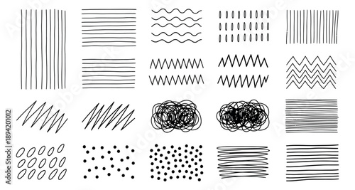 Hand drawn line art patterns set featuring various abstract shapes and textures for creative graphic design projects