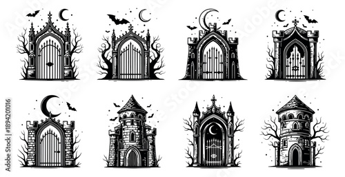 Hand drawn gothic gates and castles set featuring spooky architecture, bare trees, bats, and crescent moons for Halloween designs and fantasy themes