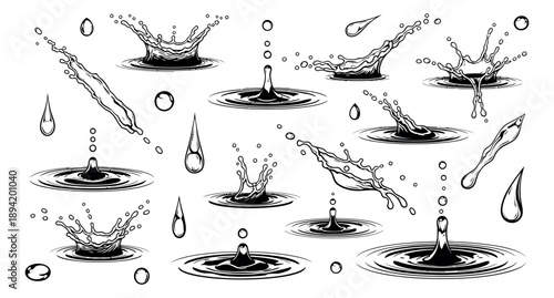Hand drawn line art water splash set featuring dynamic water splashes, ripples, and falling drops for liquid and motion design concepts