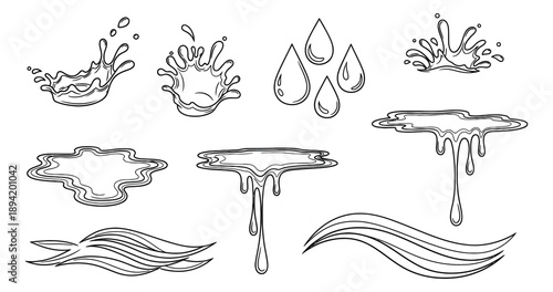 Hand drawn line art water elements set featuring splashes, drops, puddles, and waves for various liquid concepts