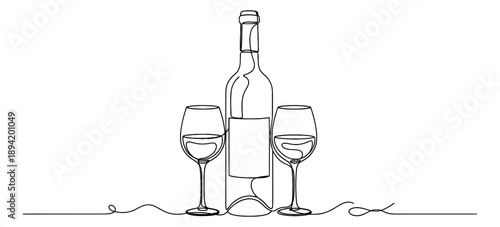 Hand drawn continuous line art wine set featuring a bottle and two glasses for beverage and celebration designs