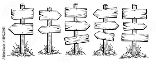 Hand drawn line art wooden signpost set featuring rustic plank and arrow signs for outdoor navigation