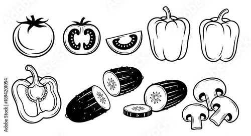 Hand drawn line art vegetable set featuring tomatoes, bell peppers, cucumbers, and mushrooms for food design