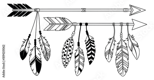 Hand drawn line art arrow and feather set featuring decorative arrows and assorted patterned feathers for bohemian themed designs