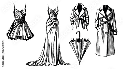 Hand drawn fashion line art set featuring elegant dresses, trench coats, and an umbrella for style design