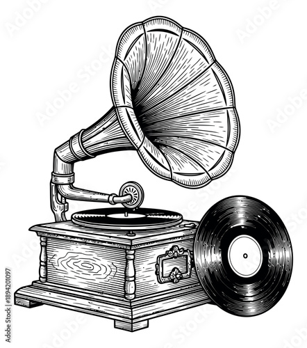 Hand drawn line art illustration of a gramophone and vinyl record depicting vintage audio for music themes