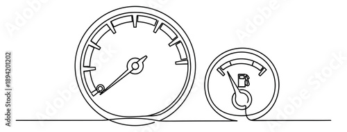 Line art car dashboard gauges set featuring a speedometer and a fuel level indicator for automotive design