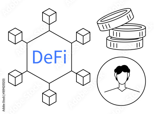 Decentralized finance, blockchain technology, cryptocurrency trading, user identification, financial innovation, peer-to-peer transactions. Hexagonal blockchain network with blocks, coins stacked