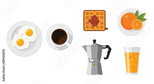 A colorful breakfast spread including eggs waffles coffee and orange juice