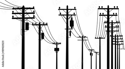 Black silhouette of utility poles with wires and transformers in a diagonal arrangement on a white background