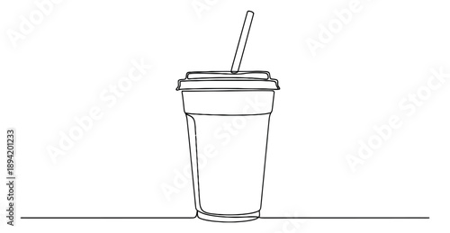 Continuous line art illustration of a take-out drink cup depicting a disposable container with a straw for beverage design