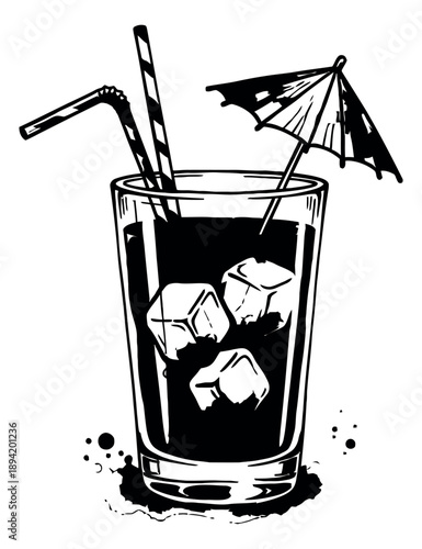 Hand drawn line art illustration of a cocktail drink depicting ice cubes, drinking straws, and a paper umbrella for bar menus and summer designs