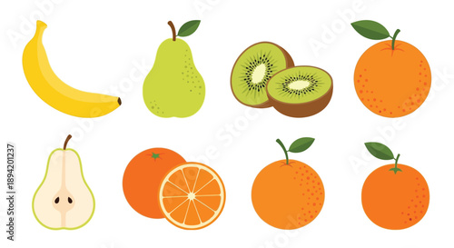 Colorful assortment of fresh fruits including bananas pears kiwi and oranges
