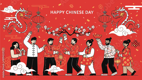 Illustration of diverse people celebrating Chinese Day with dragon, lanterns, and cherry blossoms on red background with white and gold details.