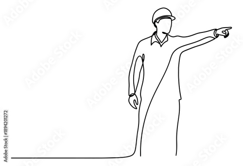 Continuous line art illustration of a construction worker depicting a pointing gesture for project direction