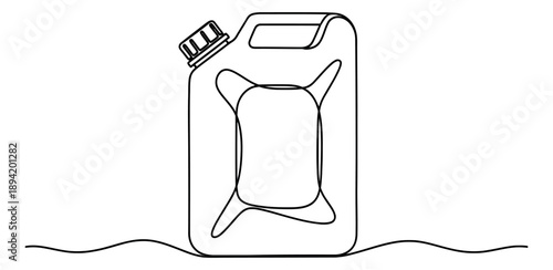 Continuous line art illustration of a jerrycan depicting a portable fuel container for emergencies and travel
