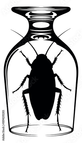 Graphic illustration of a cockroach depicting it trapped under an upside-down glass for pest control