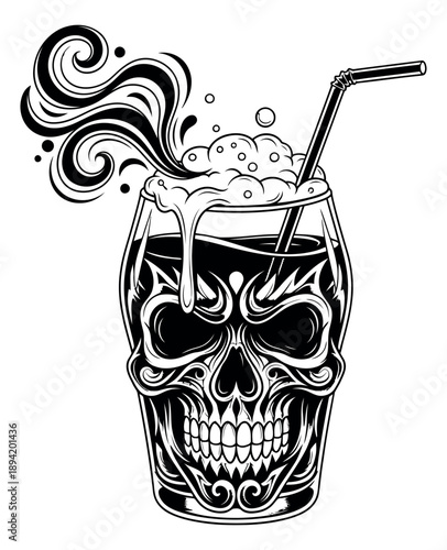 Hand drawn line art illustration of a skull glass depicting a frothy drink with a straw and smoke swirls for halloween party