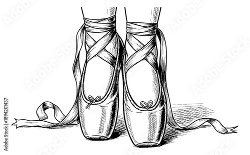 Hand drawn line art illustration of ballet pointe shoes depicting gracefully tied ribbons for dance performance