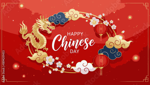 Graphic design of a Happy Chinese Day banner with a dragon, lanterns, and flowers on a red background with gold accents.