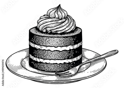 Hand drawn line art illustration of a small cake depicting whipped cream and a fork on a plate for dessert menus