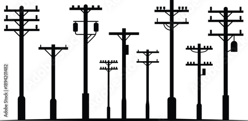 Collection of black silhouette utility poles with insulators and transformers on a white background