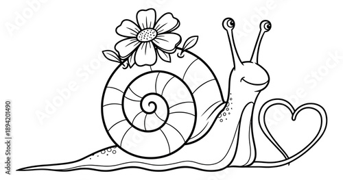 Hand drawn line art illustration of a happy snail depicting a flower on its shell and holding a heart for spring and love themed designs