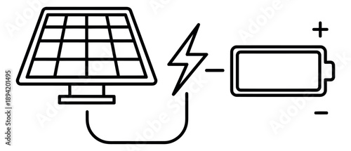 Line art illustration of a solar panel and a battery depicting energy transfer for sustainable power generation