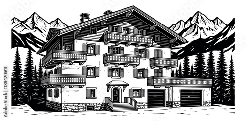Line art illustration of an alpine house depicting traditional architecture nestled in mountains for travel and leisure