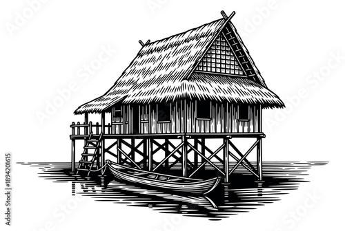 Woodcut style illustration of a stilt house depicting a traditional dwelling on water with a boat for travel and culture