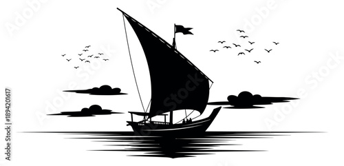 Graphic illustration of a sailboat depicting sailing at sea for maritime travel and adventure