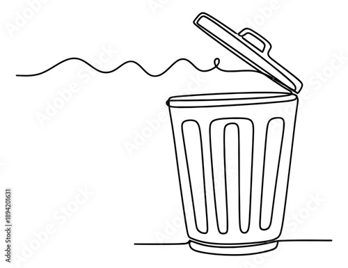 Continuous line art illustration of a trash can depicting an open lid for waste management