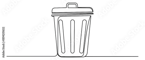 Continuous line art illustration of a trash can depicting waste management for environmental concepts