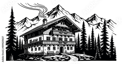 Hand drawn illustration of an alpine house depicting a cozy mountain scene for travel and tourism