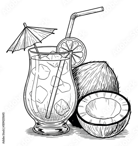 Hand drawn line art summer drinks set featuring a tropical cocktail with ice, lemon, umbrella, straw, and fresh coconuts for beach themed designs