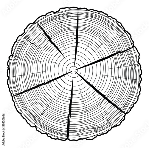 Line art illustration of a tree trunk cross section depicting annual growth rings for nature and forestry concepts