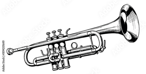 Hand drawn line art illustration of a trumpet depicting a classic brass instrument for music themed designs