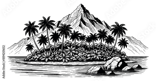 Hand drawn line art illustration of a tropical island depicting a mountain and palm trees for travel and vacation