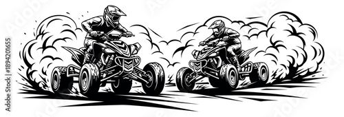 Monochrome line art off-road racing set featuring two ATV riders kicking up dust for extreme sports branding