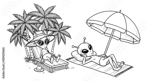 Hand drawn line art illustration of two aliens depicting a beach vacation for summer holiday concepts