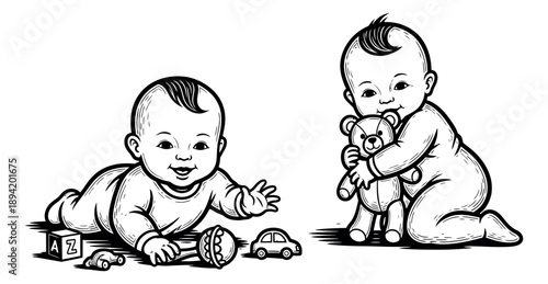 Hand drawn line art baby characters set featuring a crawling baby playing with toys and a sitting baby hugging a teddy bear for childhood themes and development
