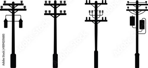 Four distinct black silhouette utility poles showcasing varied electrical equipment and wire arrangements