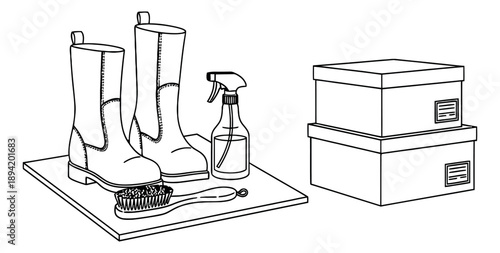 Hand drawn line art boot and shoe care set featuring boots, a cleaning brush, a spray bottle and storage boxes for footwear maintenance and organization