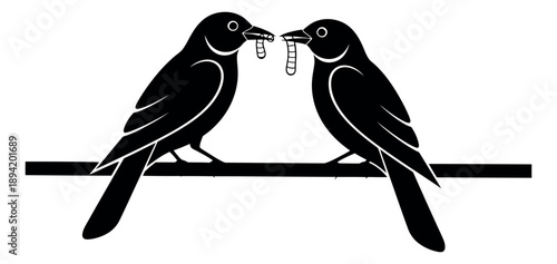 Graphic illustration of two birds on a branch depicting sharing a worm for nature and animal themes
