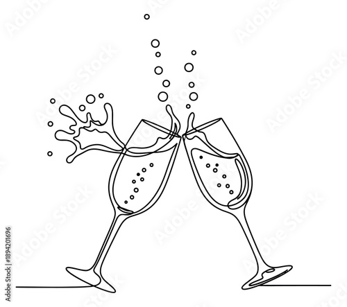 Line art illustration of two champagne glasses depicting clinking and splashing for celebration
