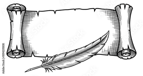Hand drawn line art writing tools set featuring an old scroll and quill pen for historical documents